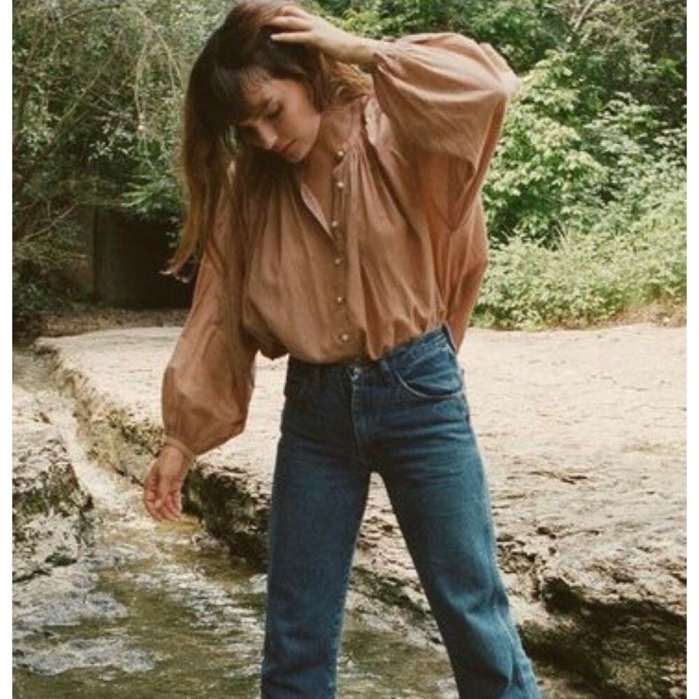 Dôen Doen Jane Blouse Tan Nude Long Sleeve Poet Top Boho Large Lightweight